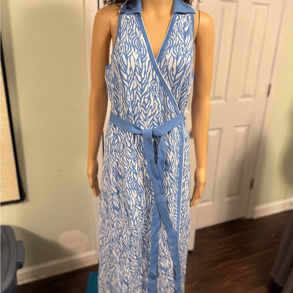 Diane Von Furstenberg Blue and White Patterned Wrap Dress